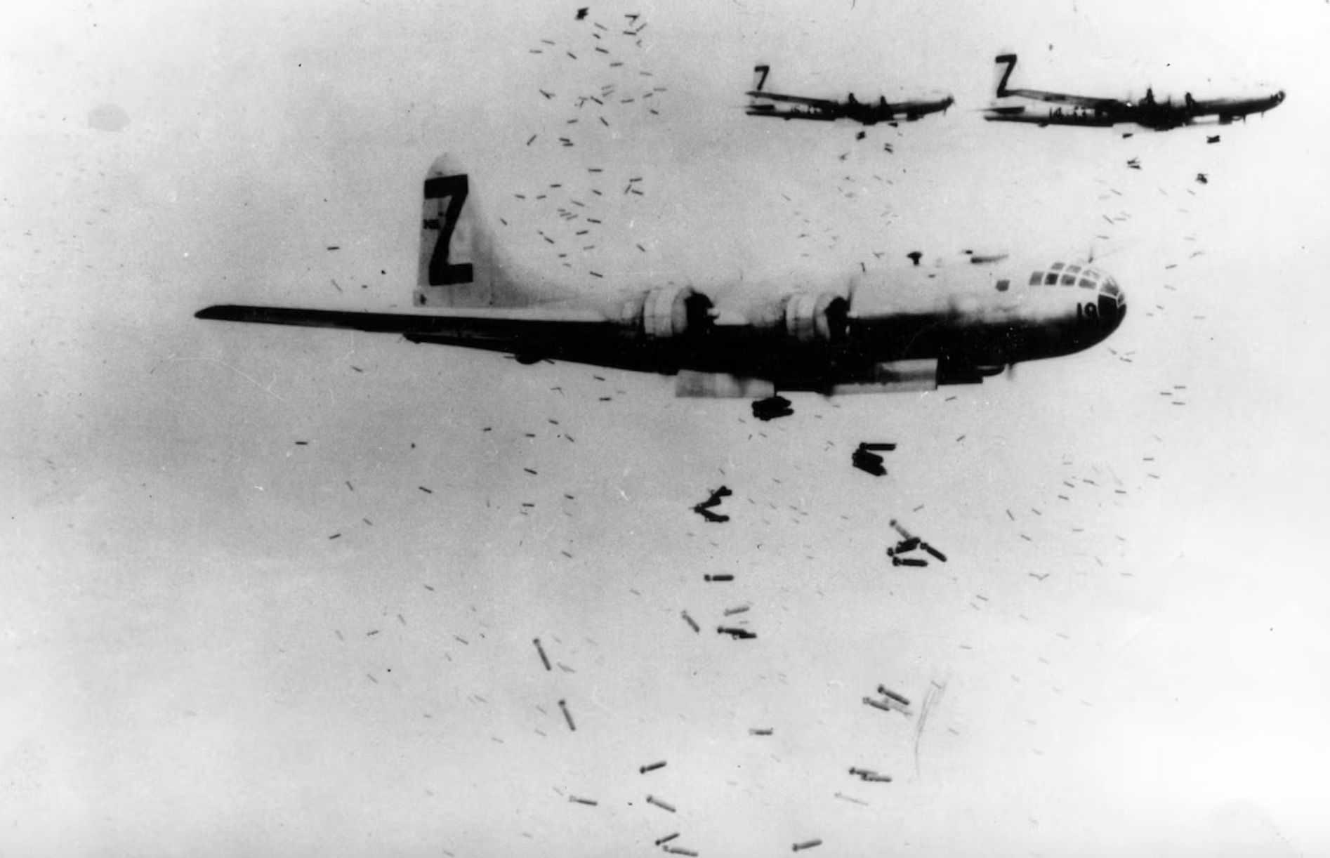 A B-29 releases incendiary bombs on Yokohama 